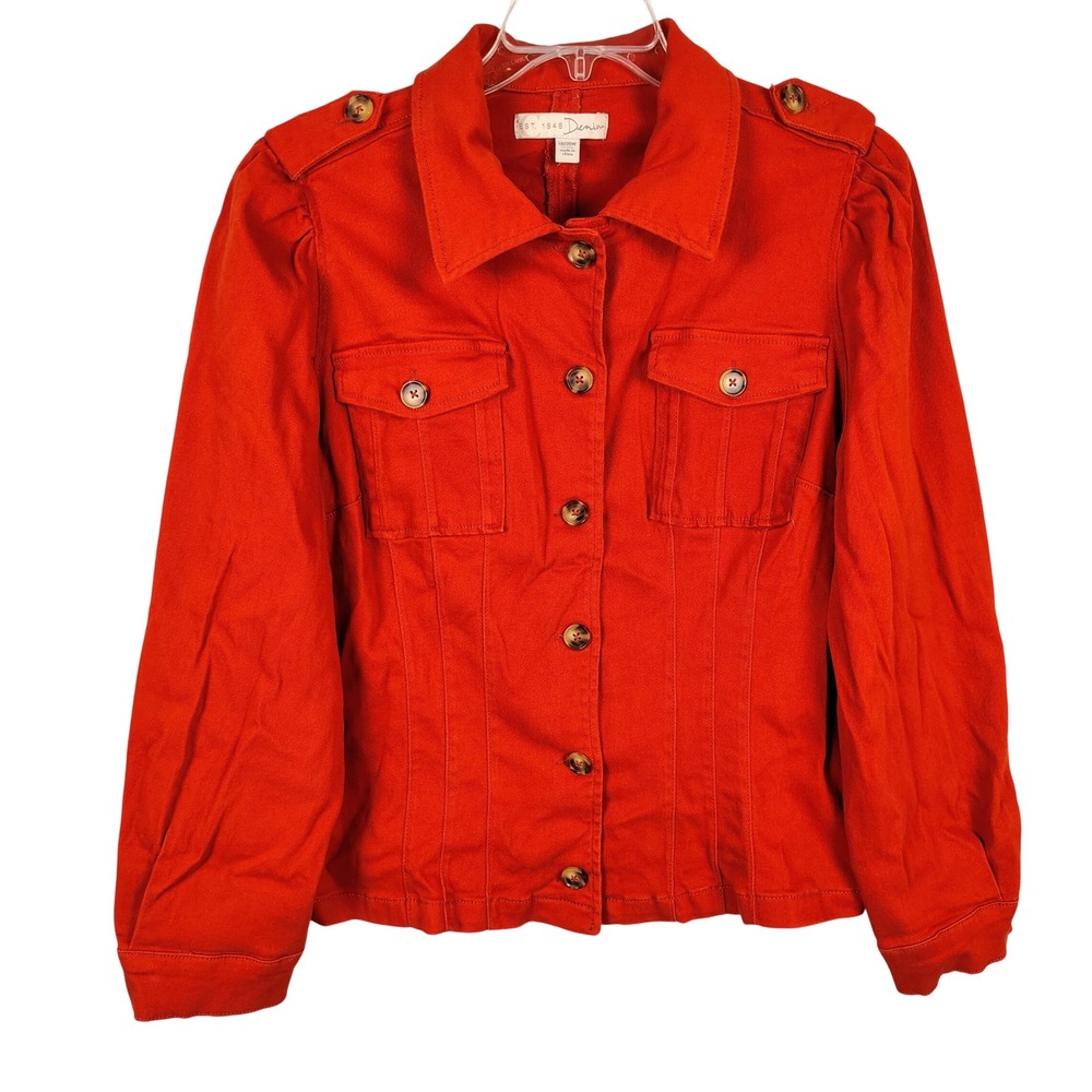 Womens SZ 18/20W EST. 1946 Denim Jacket Orange Utility Puff Sleeve Gorpcore